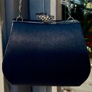 Vintage black satin Jessica McClintock bag with rhinestone clasp and chain strap